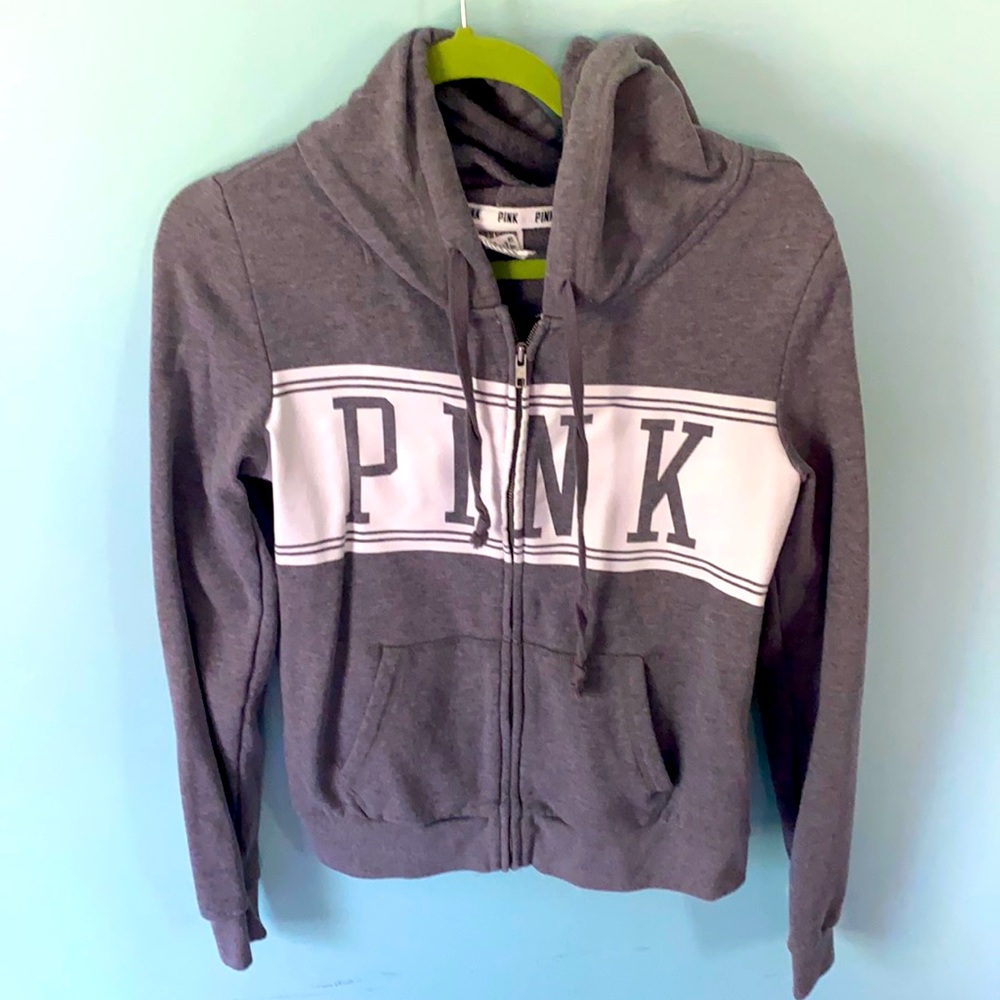 Grey full zip hooded jacket. PINK. Size S.